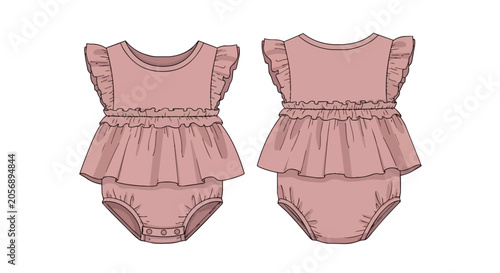 Pink Baby Girl Ruffled Romper Technical Sketch Front and Back