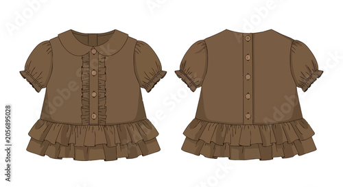 Infant and Toddler Girl Brown Ruffle Blouse with Front and Back Views and Button Details