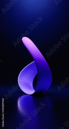 Abstract minimalist 3D purple and violet infinity loop ribbon sculpture on a reflective surface against a dark blue background