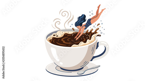Foto Woman dives into a steaming cup of coffee, morning energy boost concept