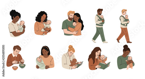 Diverse Parents and Babies Vector Illustration Set