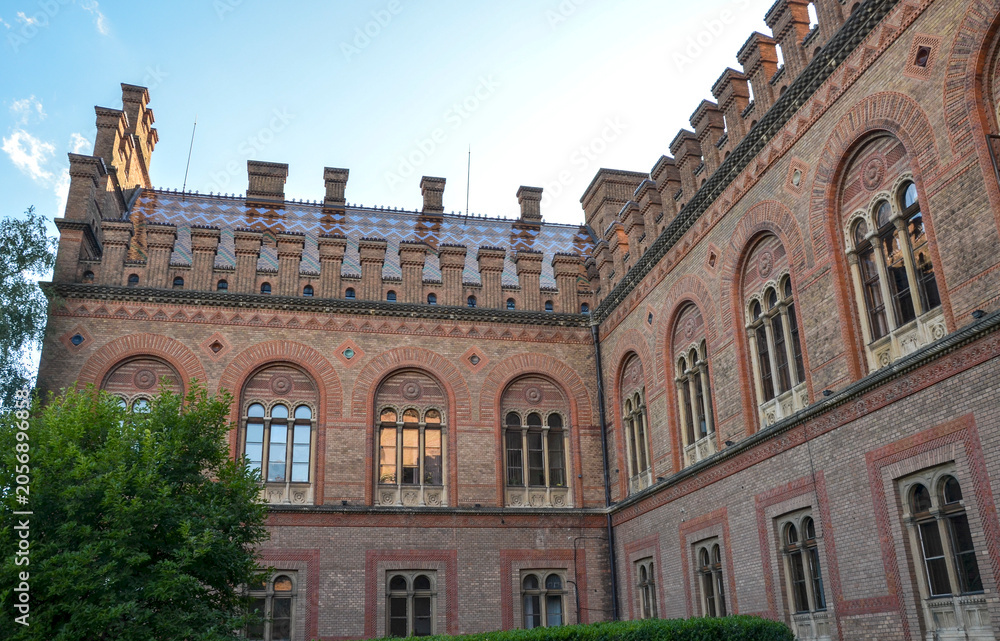 Fototapeta premium Stunning red brick architecture of Chernivtsi National University features ornate masonry and arched windows. A decorative tile roof and a central domed tower stand out against a clear blue sky