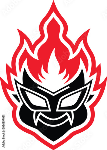 Dynamic red and black flaming demon head logo with fiery elements and fierce expression for sports branding