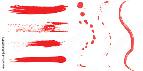 Fotografía Red Brush Stroke Bundle, Grunge Paint Smear Splatter and Wavy Line Vector Set