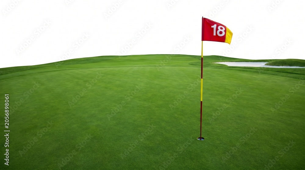 Obraz premium Professional golf course putting green with a red flag marking the eighteenth hole