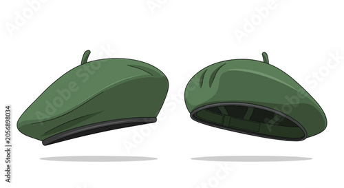 Green Beret Hat Set, Olive Military Headwear and Artistic Painter Cap Illustration