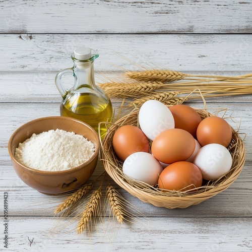 Baking ingredients including flour eggs and oil on a wooden table.
