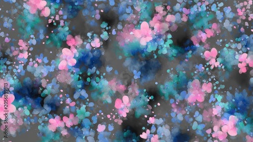 Vibrant blue and pink floral pattern on gray background. AI generated