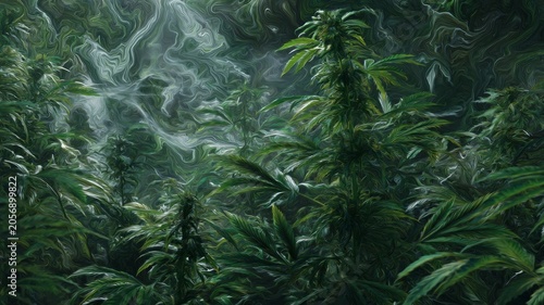 Lush greenery in abstract swirl patterns. AI generated
