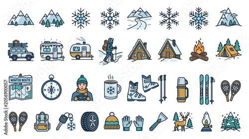 Winter Season Icons Set: Camping, Skiing, Snowflakes, Mountains, and Activities