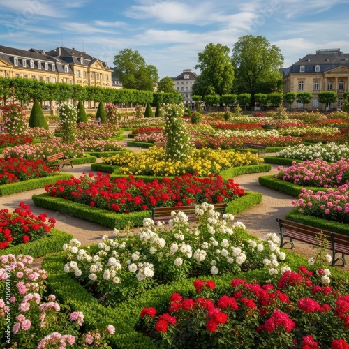 Beautiful Formal Rose Garden with Buildings in Background.