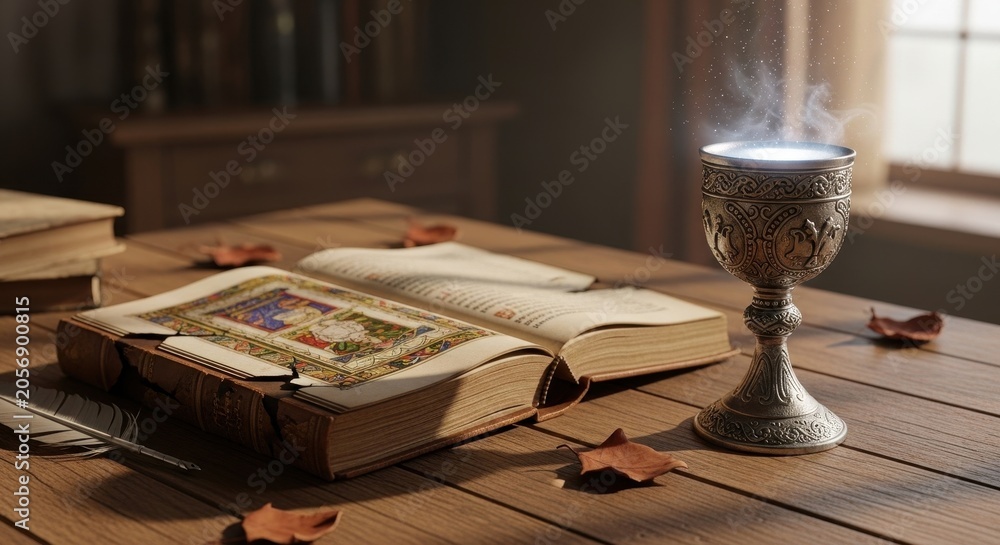 Fototapeta premium Ancient Tome and Mystical Chalice on Wooden Table.