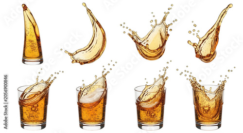 various glasses amber liquid splashes white backdrop beverage or advertising visuals