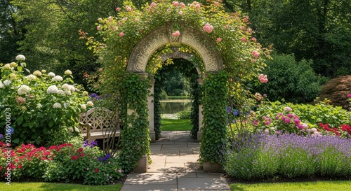 Beautiful Garden Archway Entrance with Blooming Flowers and Lush Greenery.