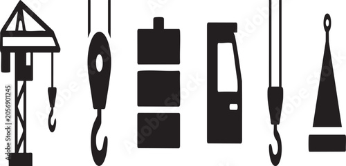 Tableau sur toile Tower crane machinery black icons set featuring industrial hoisting hooks, count