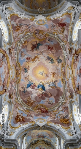 Baroque Church Ceiling Fresco With Angels and Divine Light.