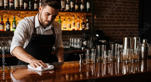 Bartender cleaning bar counter with cloth in a modern bar.
