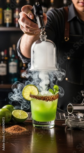 Bartender Smoking Cocktail with Lime and Garnish.