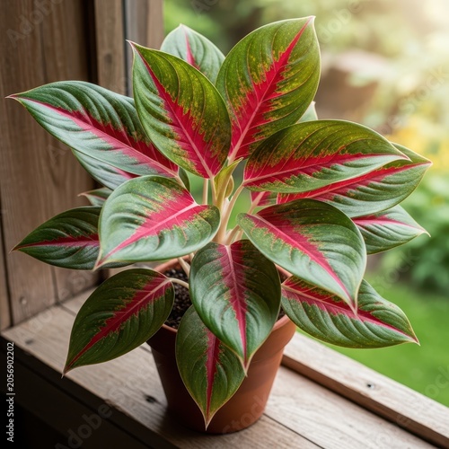 Beautiful Aglaonema Plant with Vibrant Red and Green Leaves in a Pot.
