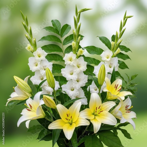 Beautiful Arrangement of White and Yellow Lilies and Gladiolus Flowers.