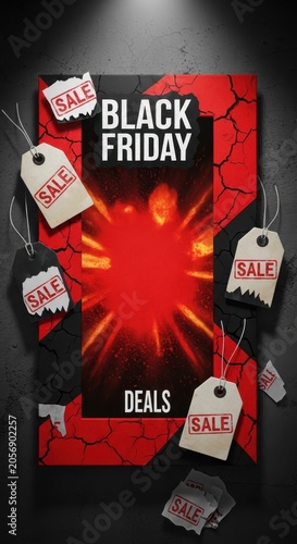 Black Friday Sale Event with Bright Red Explosion and Sale Tags.