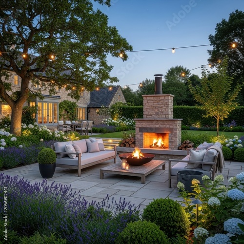Beautiful backyard patio with outdoor fireplace and seating area at dusk.