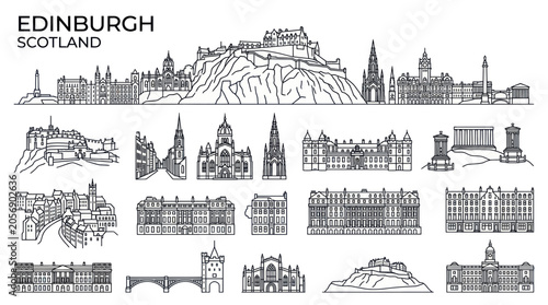 Edinburgh Skyline Silhouette: Castle, Holyrood Palace, Landmarks - Line Art