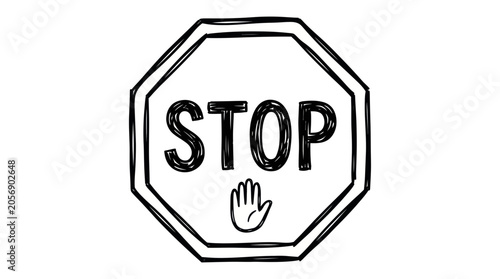 Tablou pe pânză Hand-drawn stop sign with hand symbol, doodle style, white background