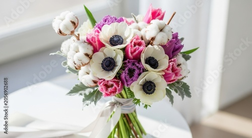 Beautiful Bouquet of Anemones Tulips and Cotton Flowers.