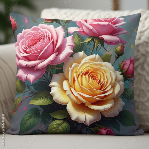 Beautiful Pink and Yellow Roses on a Decorative Pillow.
