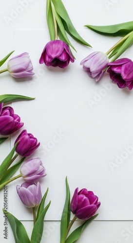 Beautiful purple and lilac tulips arranged on a white background.
