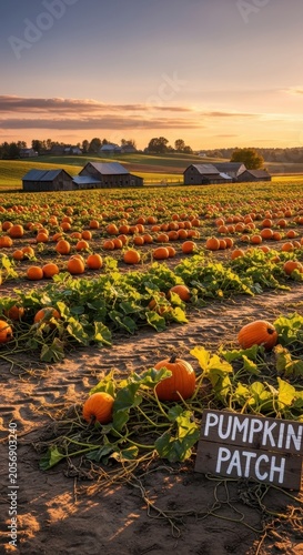 Autumn Pumpkin Patch Field at Sunset with Farm Buildings.