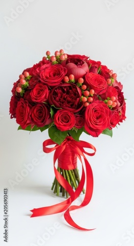 Beautiful Red Rose Bouquet Tied with Red Ribbon.