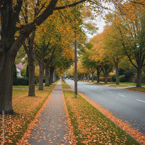 Autumn street lined with trees and fallen leaves.