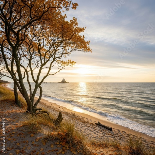Autumn tree on sandy beach overlooking ocean at sunset.
