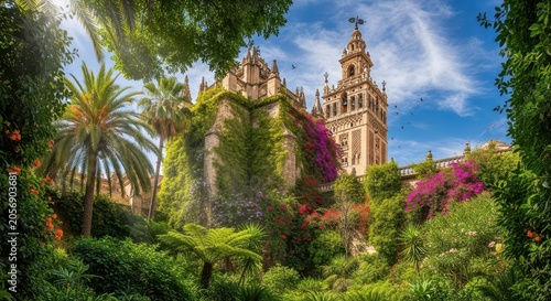 Beautiful Seville Cathedral surrounded by lush green gardens and vibrant flowers.