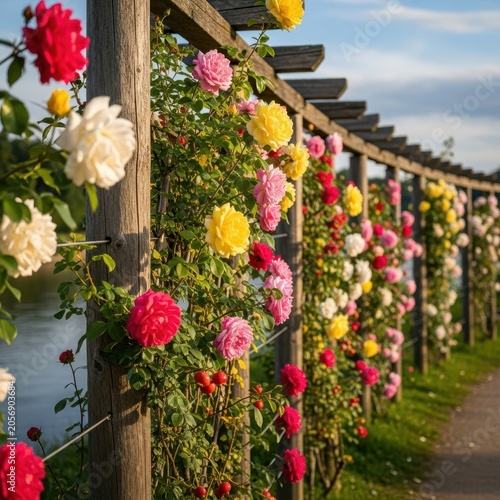 Beautiful Rose Garden Pathway with Wooden Pergola and Blooming Flowers.
