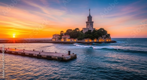 Beautiful sunset over the sea with a lighthouse and pier.