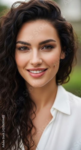Beautiful Young Woman with Curly Dark Hair Smiling Outdoors.