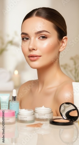 Beautiful Woman with Skincare Products and Makeup.