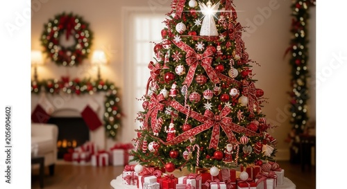 Beautifully decorated Christmas tree with presents underneath in a cozy living room setting.