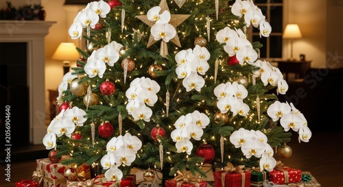 Beautifully decorated Christmas tree with white orchids and gifts below.