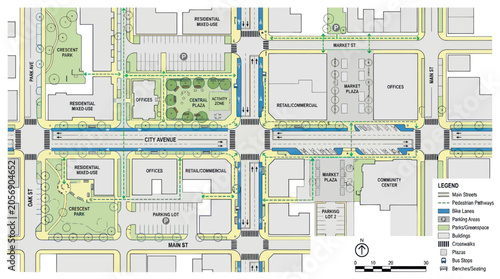 Foto Urban planning map of a city street intersection with green spaces and pedestria