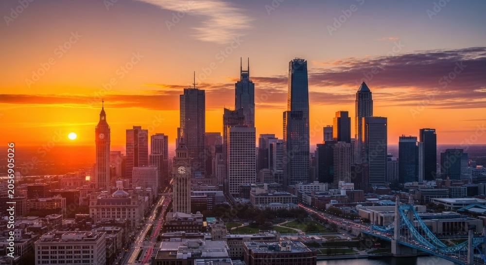 Fototapeta premium Cityscape at Sunset with Skyscrapers and Bridge.
