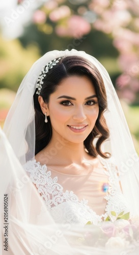 Beautiful Bride Smiling Wearing Veil and Wedding Dress Outdoors.