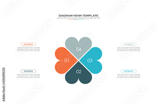 Venn diagram business infographic circle chart template 4 options, presentation with venn diagram elements vector illustration.