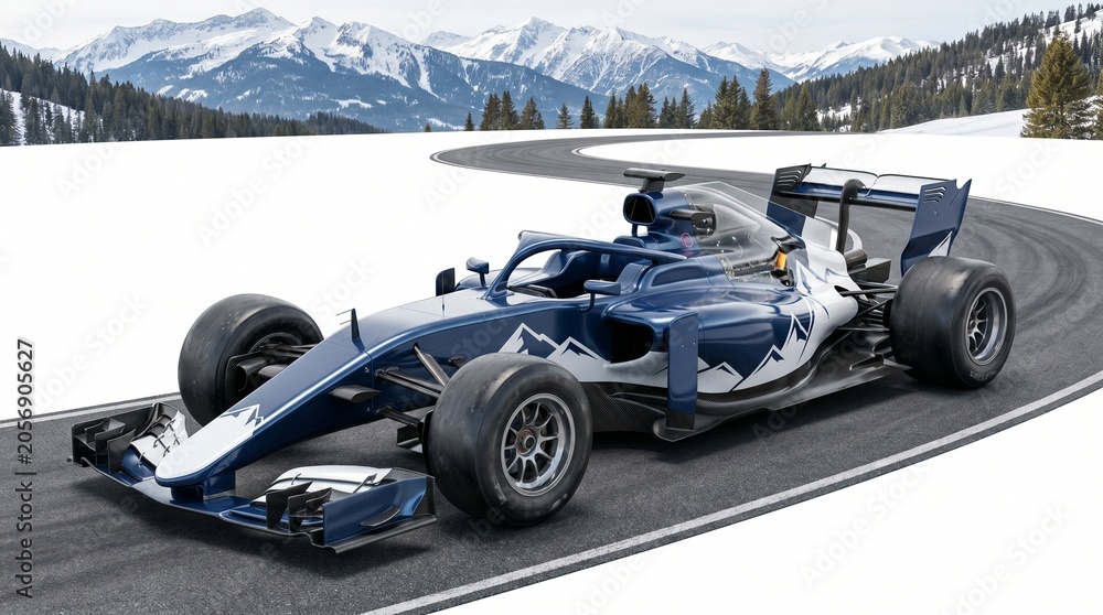 Naklejka premium High performance open wheel race car on winding alpine road in winter