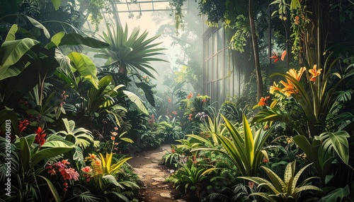 Lush greenhouse scene featuring a winding path, vibrant flora, and sunlight