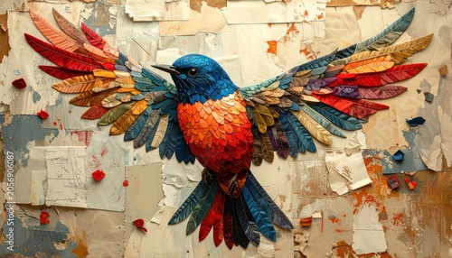 Colorful bird sculpture with outstretched wings, affixed to a distressed paper background