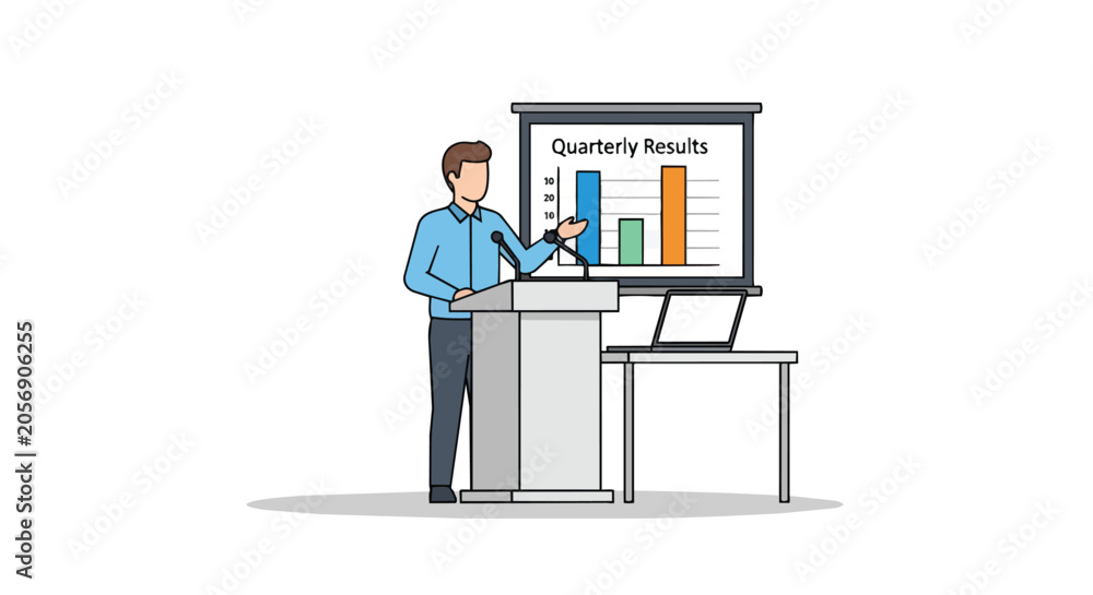 Fototapeta premium Professional businessman presenting quarterly results with financial bar chart at podium